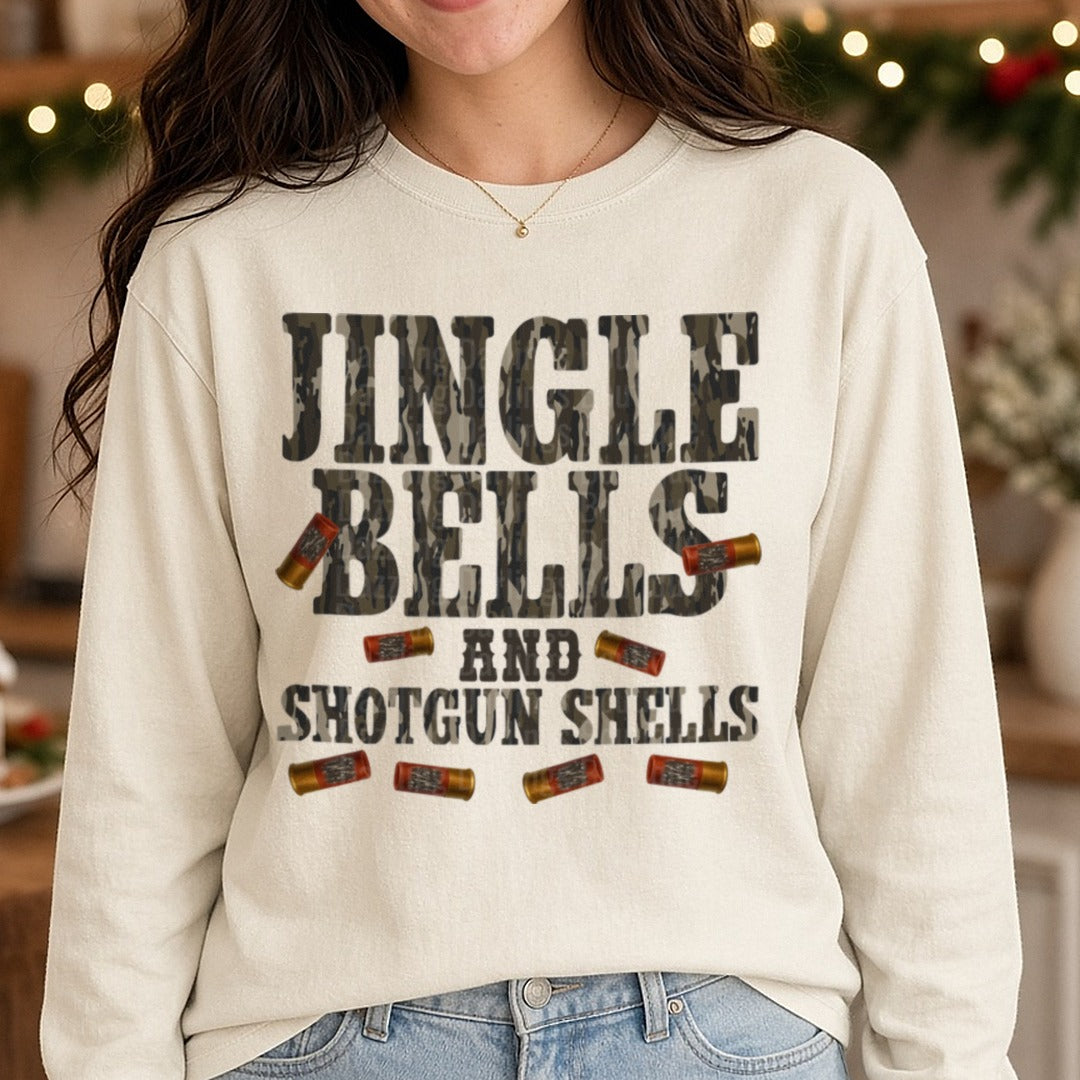 Jingle bells shells DTF transfer shown on a Comfort Colors long sleeve tee
