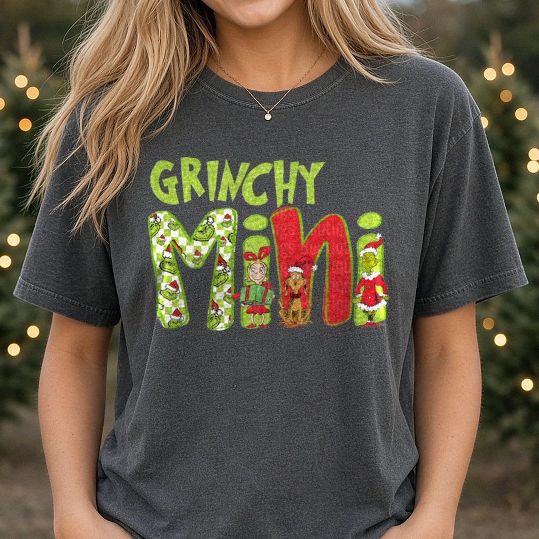 grinchy mini DTF transfer shown on a Comfort Colors tee