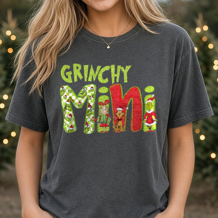grinchy mini DTF transfer shown on a Comfort Colors tee
