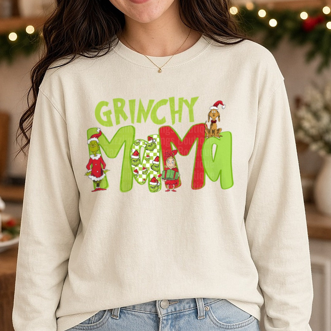 grinchy mama DTF transfer shown on a Comfort Colors long sleeve tee