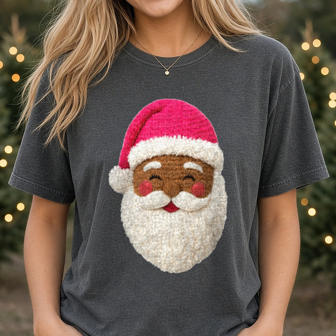 Black yarn Santa pink DTF transfer shown on a Comfort Colors tee