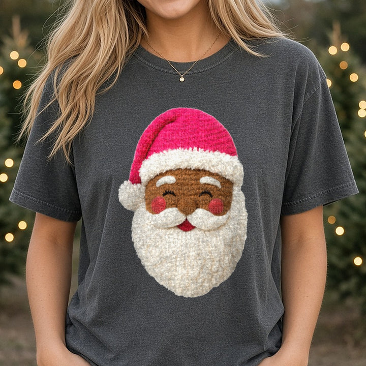 Black yarn Santa pink DTF transfer shown on a Comfort Colors tee