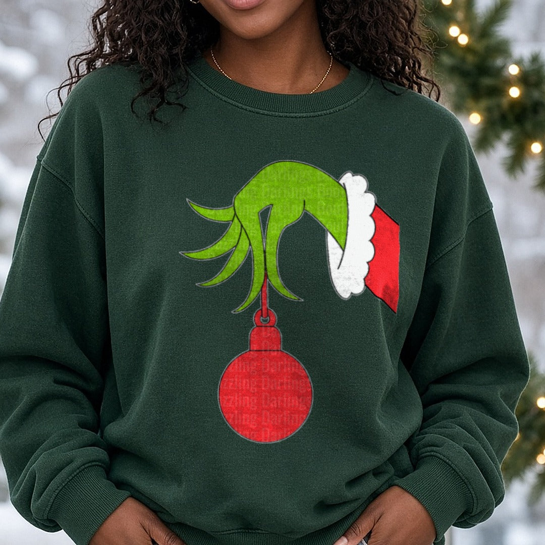 grinch hand DTF transfer shown on a Comfort Colors sweatshirt