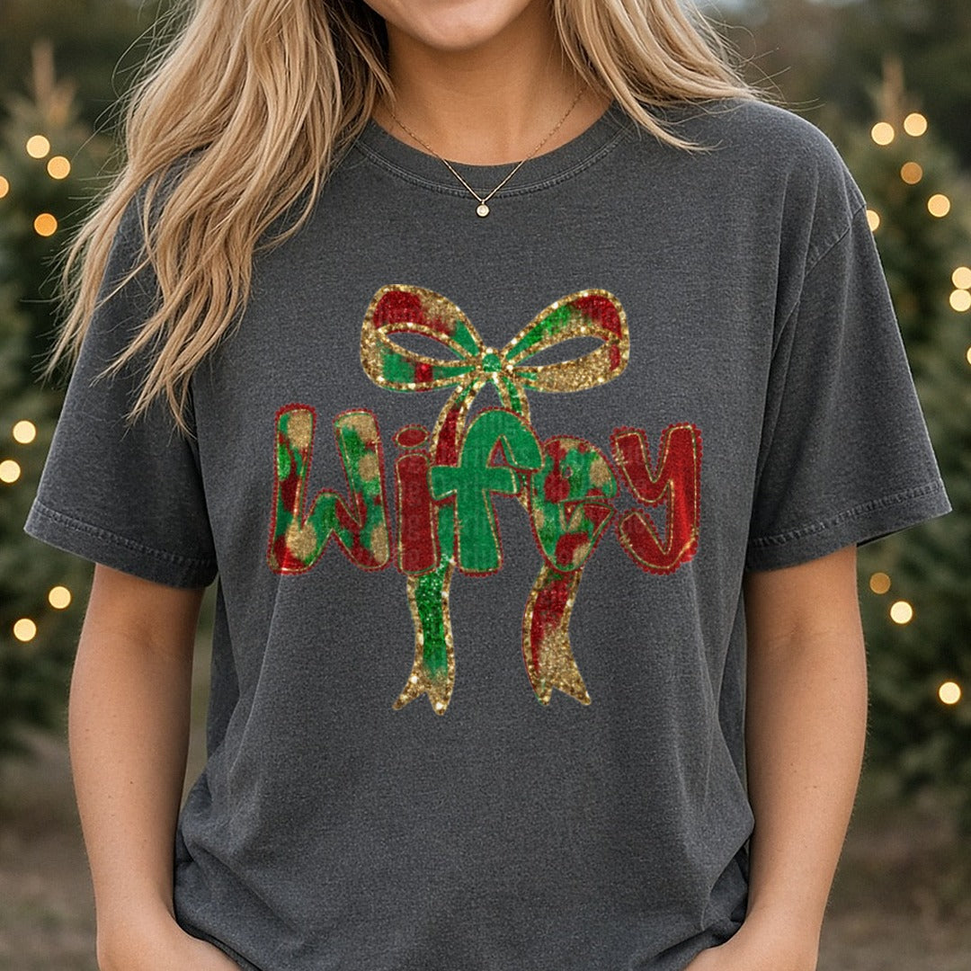 Wifey Christmas Glitter Bow Plaid Letters DTF transfer shown on a Comfort Colors tee