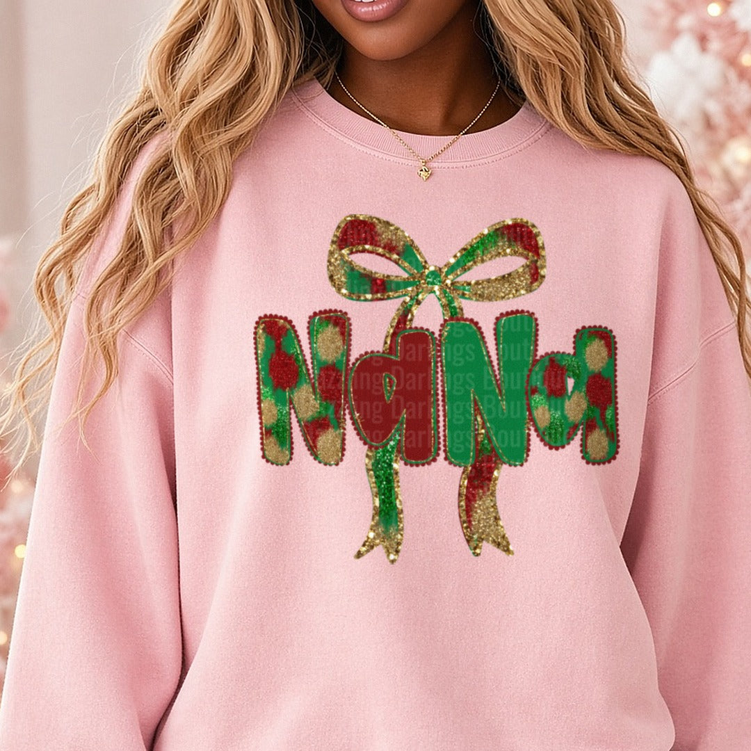 Nana Christmas Glitter Bow Plaid Letters DTF transfer shown on a Comfort Colors sweatshirt