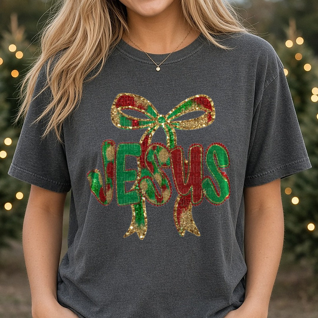 jesus christmas DTF transfer shown on a Comfort Colors tee