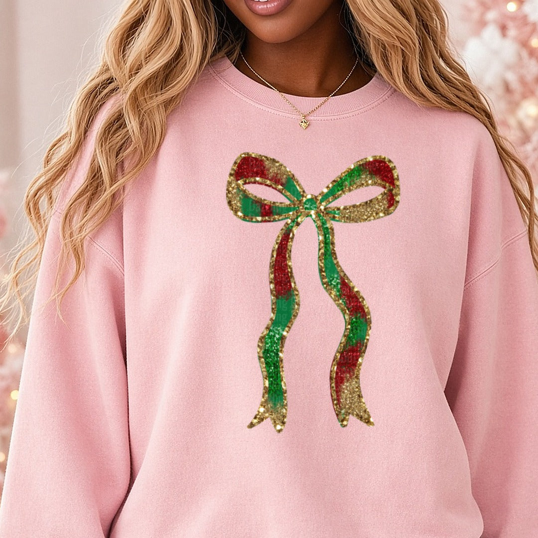 christmas bow DTF transfer shown on a Comfort Colors sweatshirt