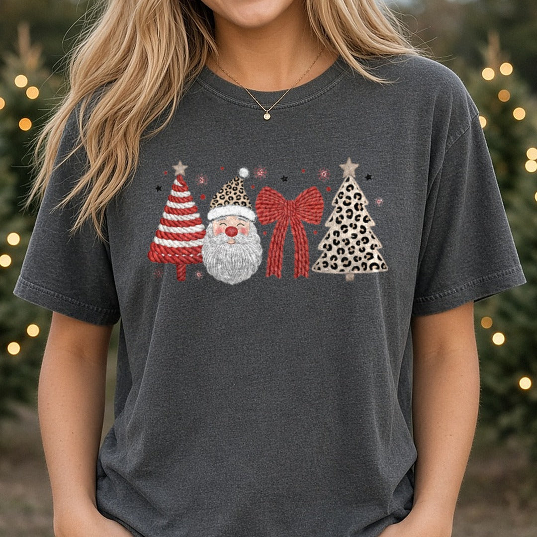 Leopard Santa Christmas Coquette Yarn DTF transfer shown on a Comfort Colors tee