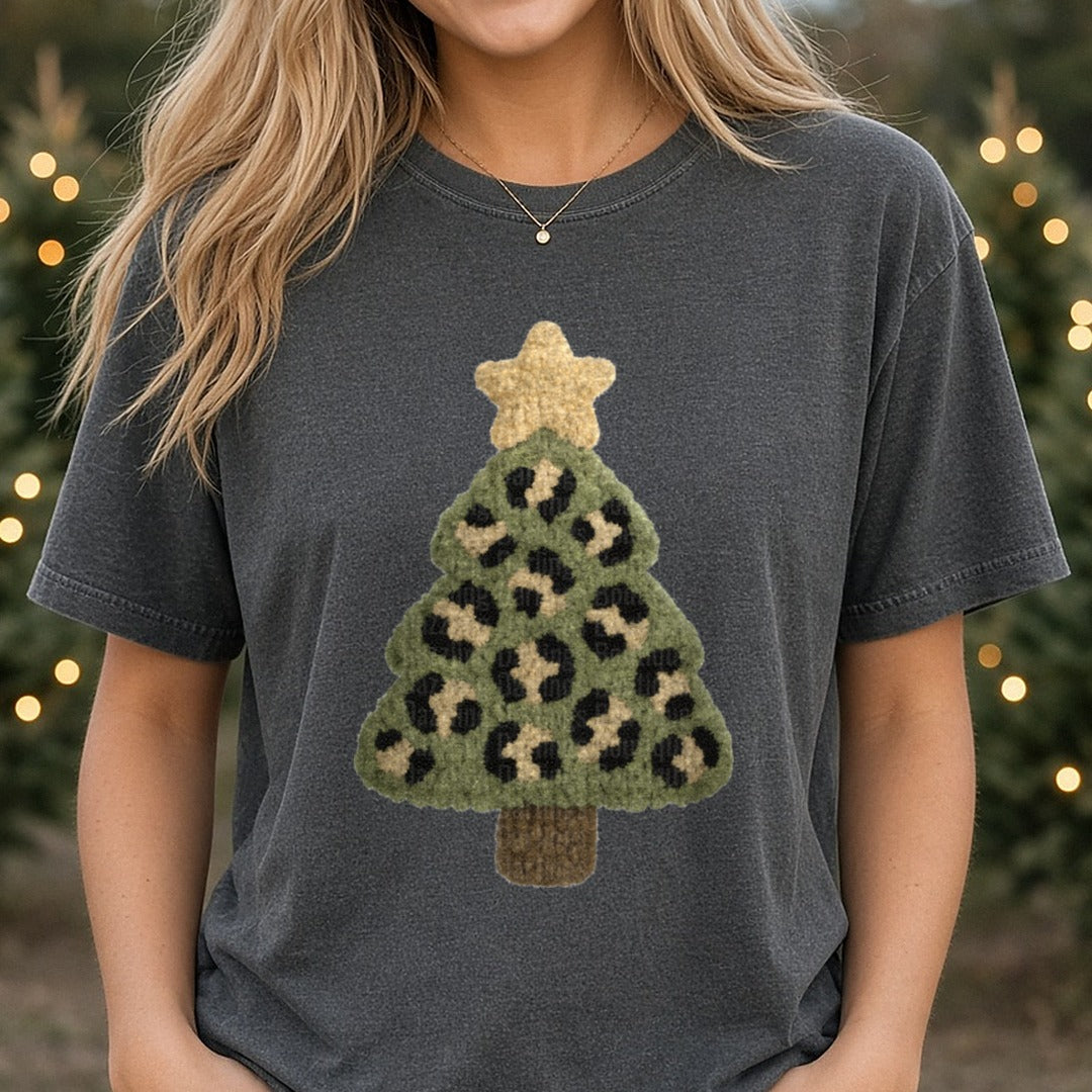 crochet christmas tree DTF transfer shown on a Comfort Colors tee