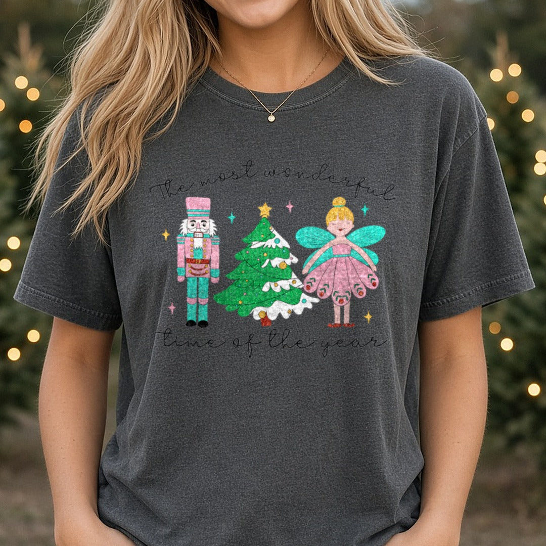 most wonderful time of the year DTF transfer shown on a Comfort Colors tee