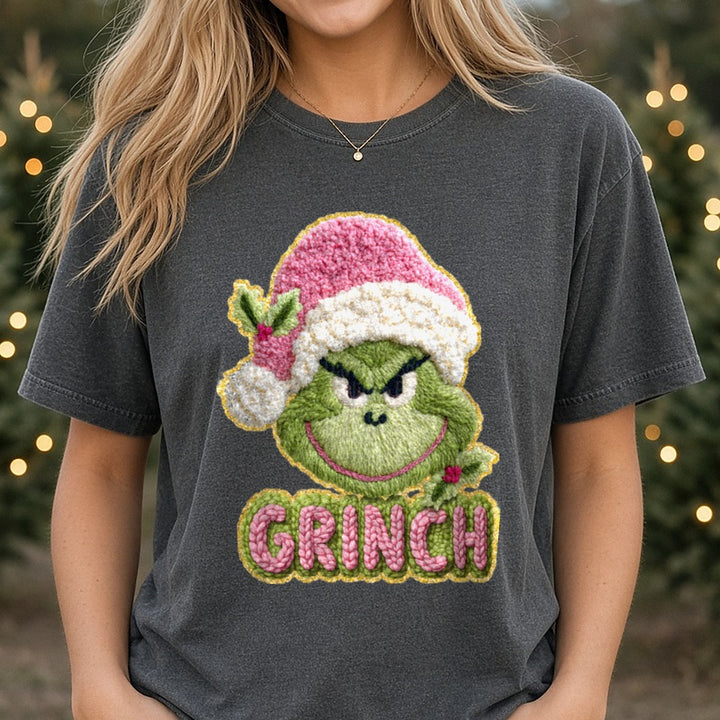 Grinch Pink Hat Yarn DTF transfer shown on a Comfort Colors tee