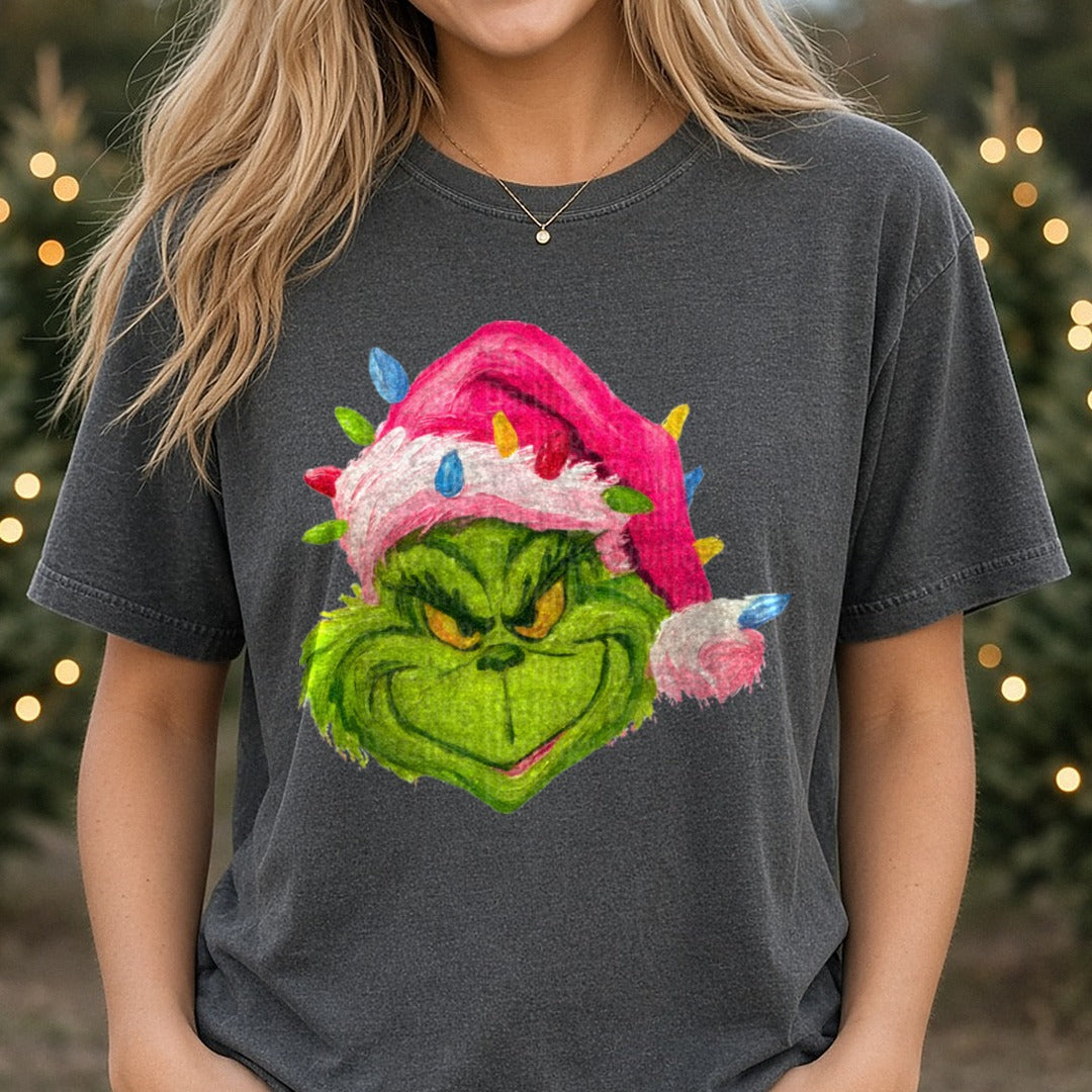 Grinch Acrylic Lights DTF transfer shown on a Comfort Colors tee
