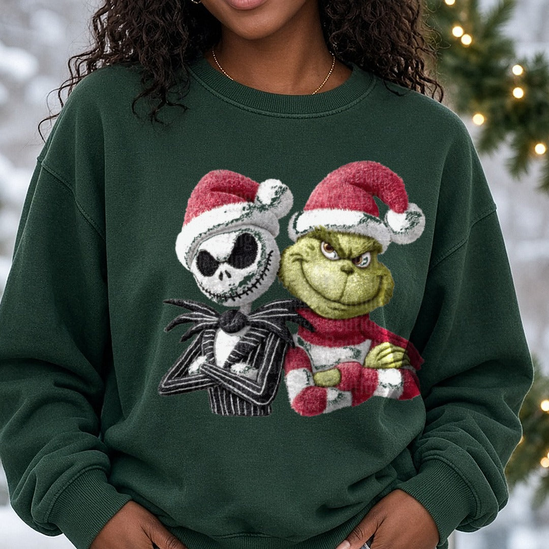 Grinch And Skeleton Santa Hats Knit Style DTF transfer shown on a Comfort Colors sweatshirt