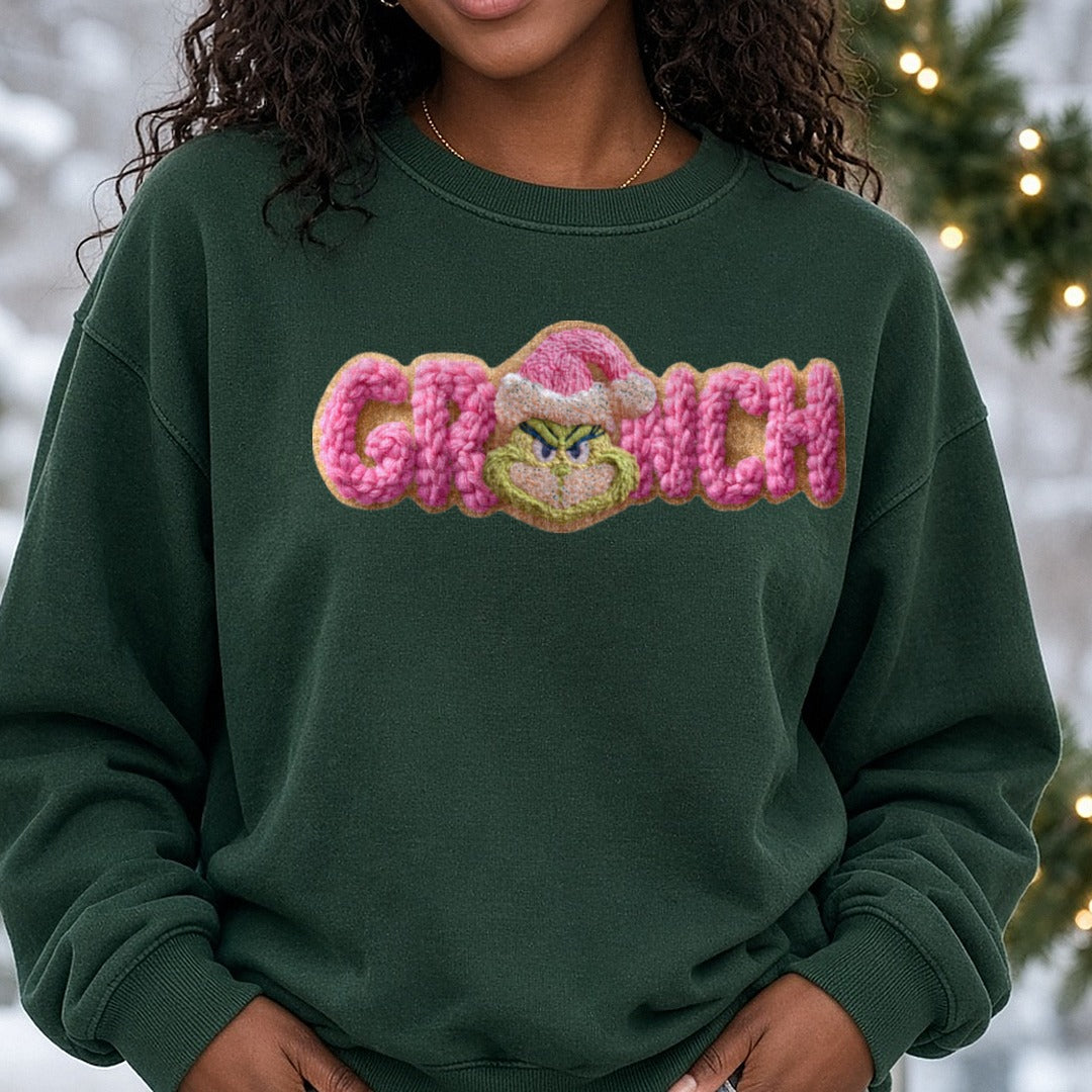 Grinch Pink Puffy Letters DTF transfer shown on a Comfort Colors sweatshirt