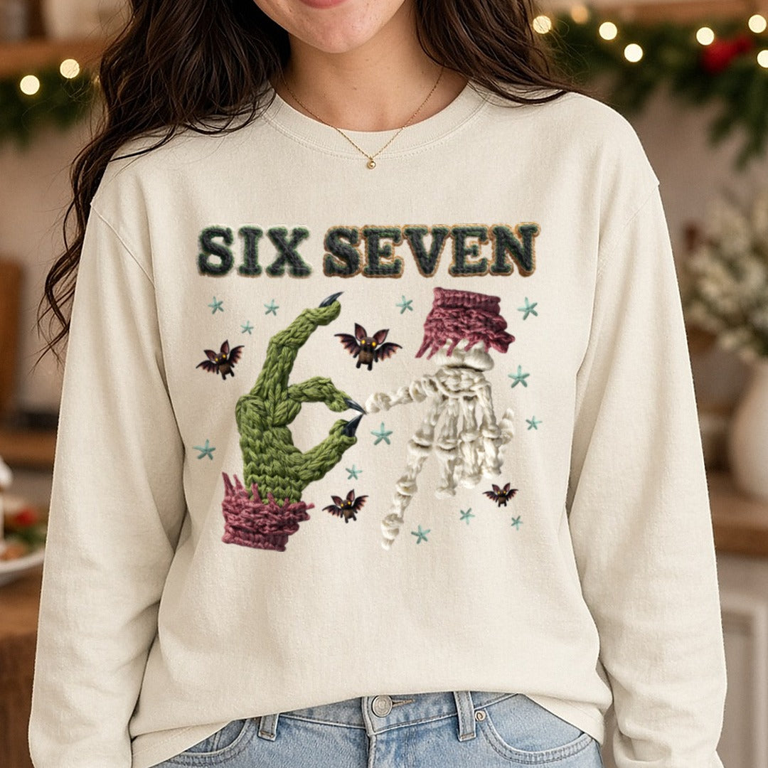 Grinch 6 7 DTF transfer shown on a Comfort Colors long sleeve tee
