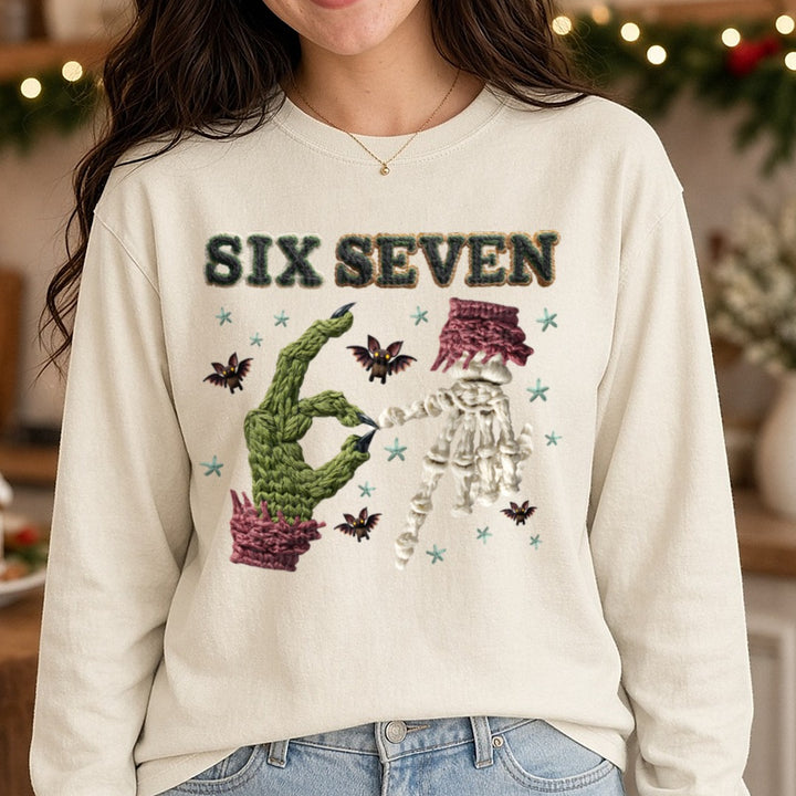 Grinch 6 7 DTF transfer shown on a Comfort Colors long sleeve tee