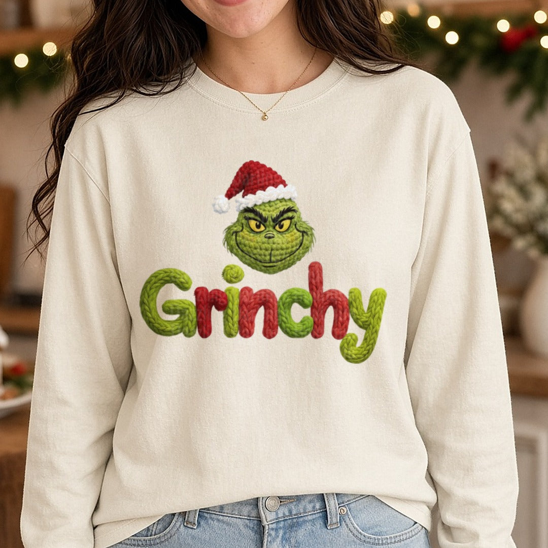 Grinchy DTF transfer shown on a Comfort Colors long sleeve tee
