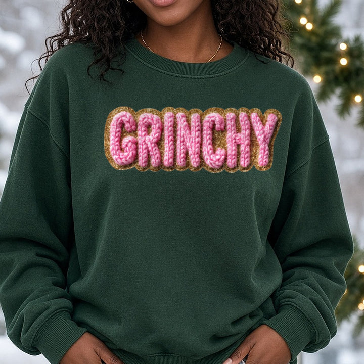 Grinchy Pink Puffy Knit Letters DTF transfer shown on a Comfort Colors sweatshirt