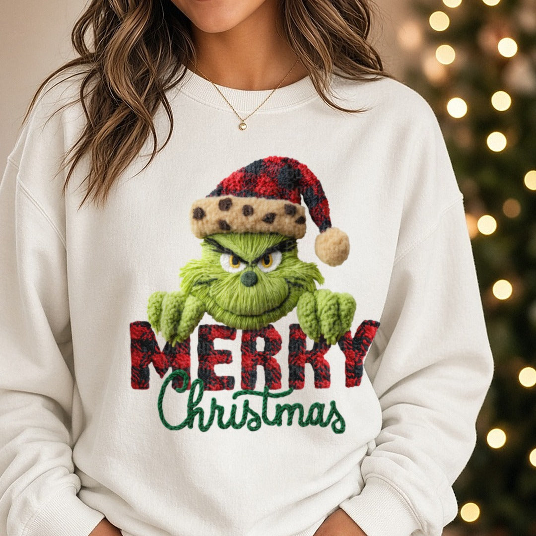 Grinch Merry Christmas Buffalo Plaid Leopard Hat DTF transfer shown on a Comfort Colors sweatshirt