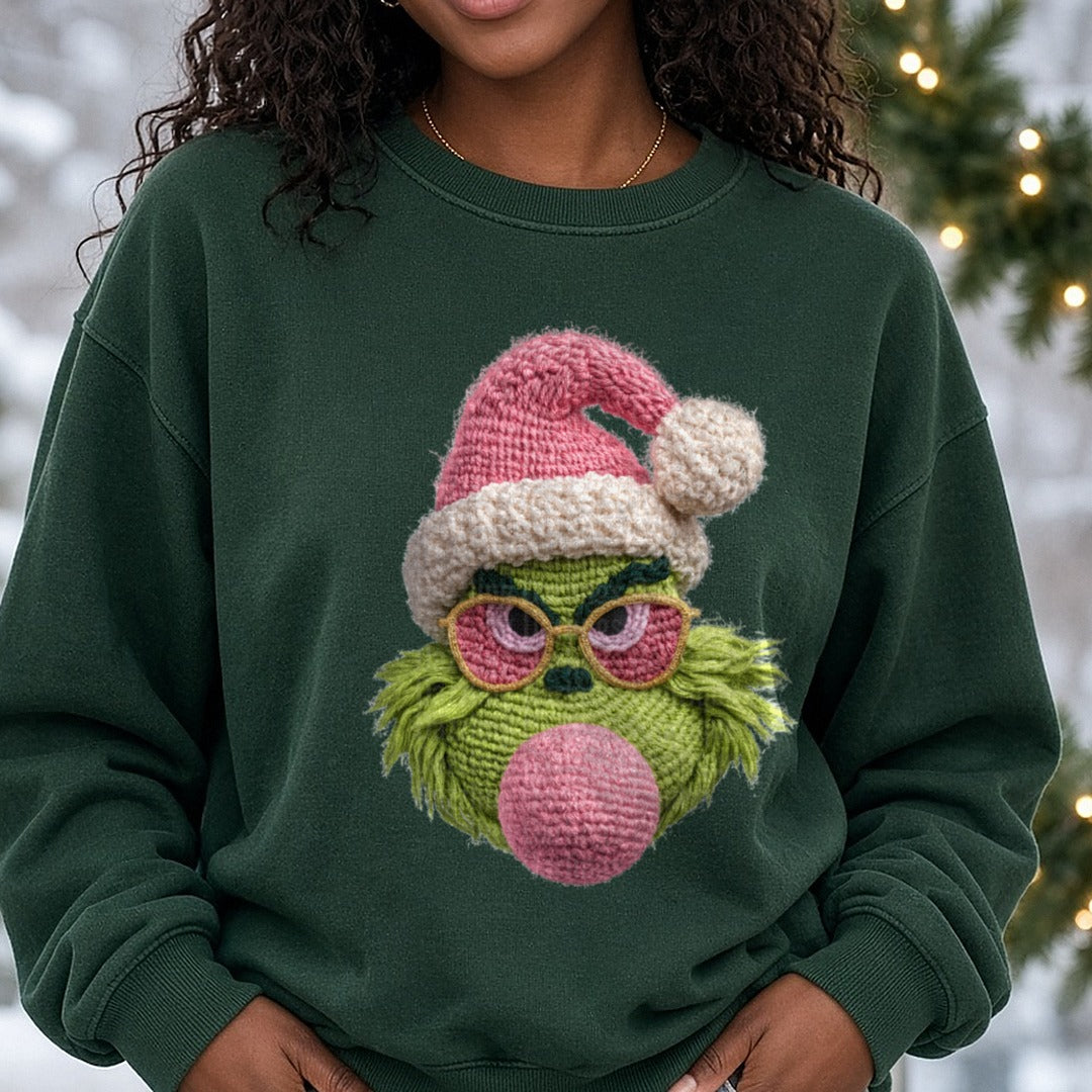 Grinch Bubble DTF transfer shown on a Comfort Colors sweatshirt