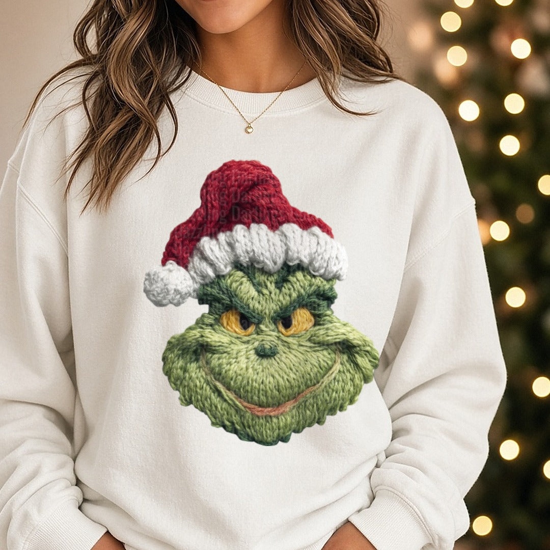 Grinch DTF transfer shown on a Comfort Colors sweatshirt
