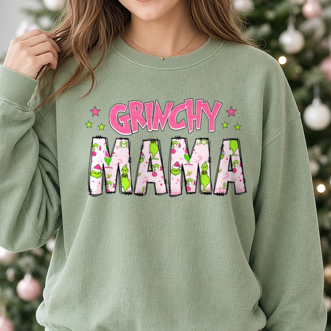 Grinchy Mama Pink Patterned Letters Stars DTF transfer shown on a Comfort Colors sweatshirt
