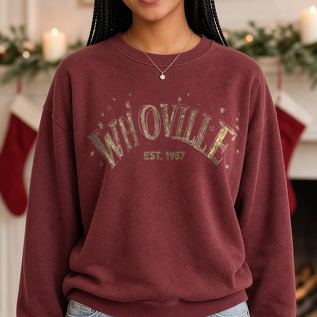 whoville est 1957 GRINCH DTF transfer shown on a Comfort Colors sweatshirt