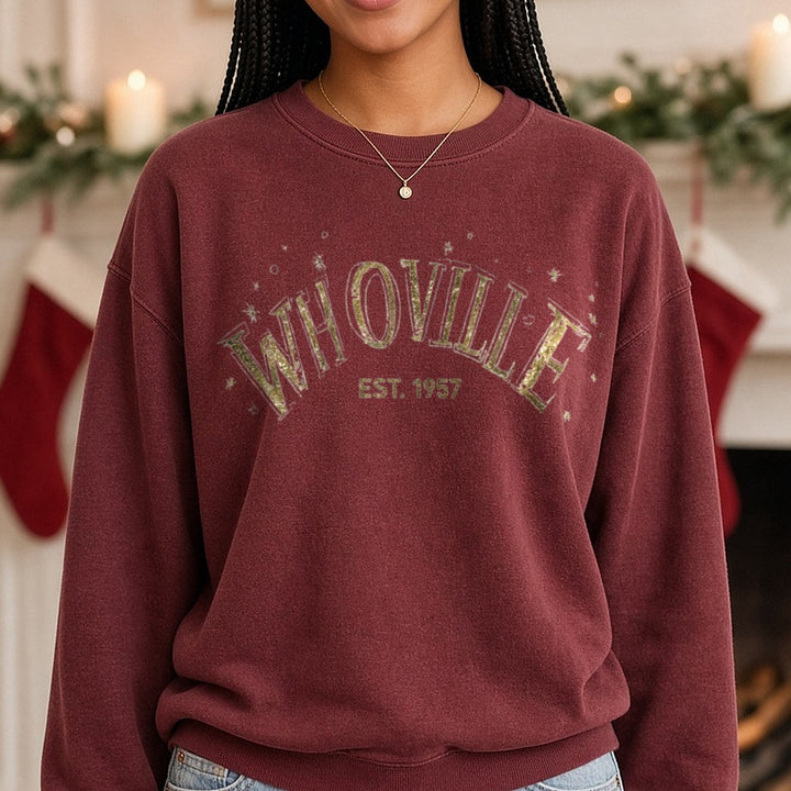 whoville est 1957 GRINCH DTF transfer shown on a Comfort Colors sweatshirt