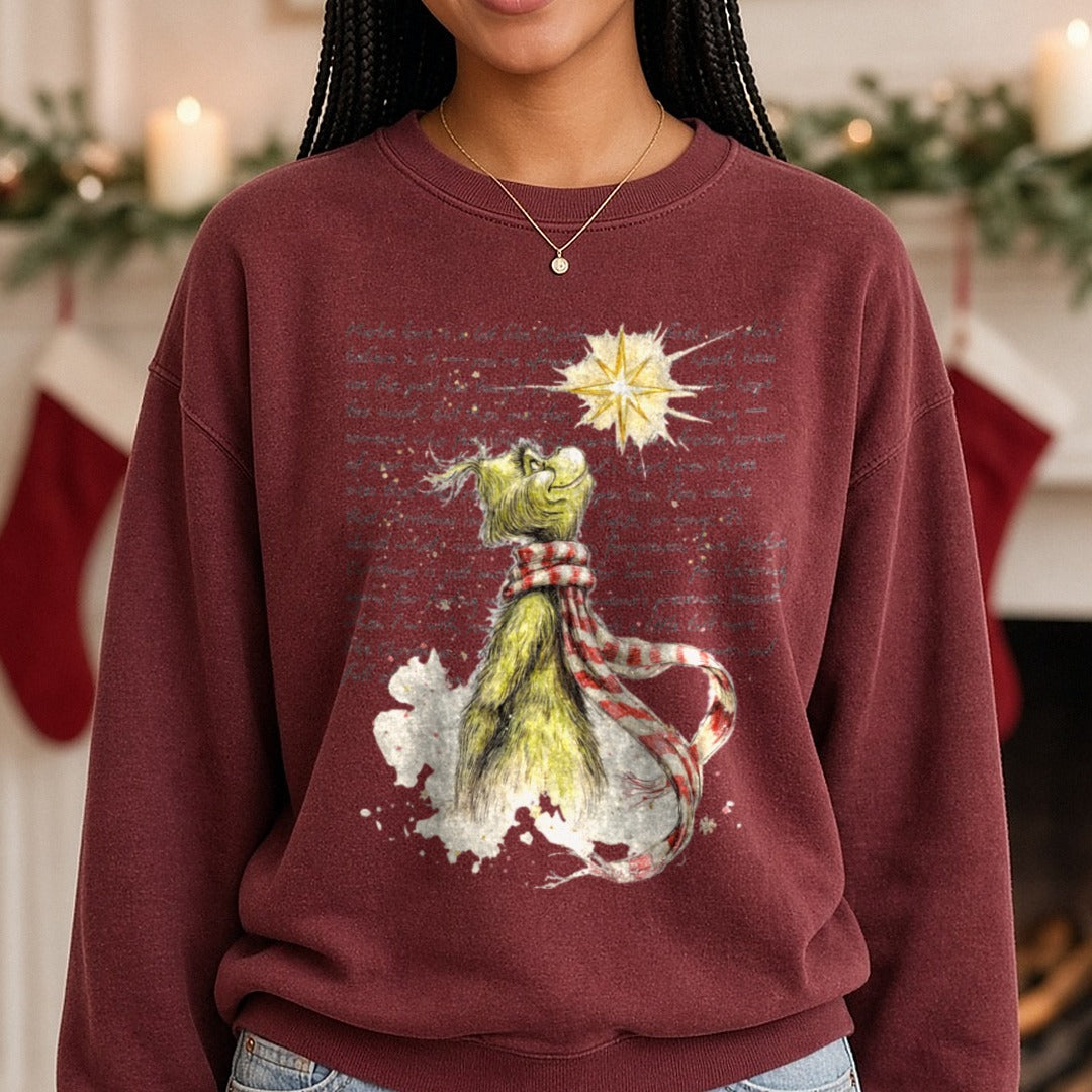 grinch maybe love is a lot like christmas DTF transfer shown on a Comfort Colors sweatshirt