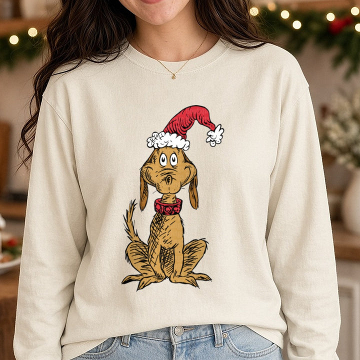 grinch dog DTF transfer shown on a Comfort Colors long sleeve tee