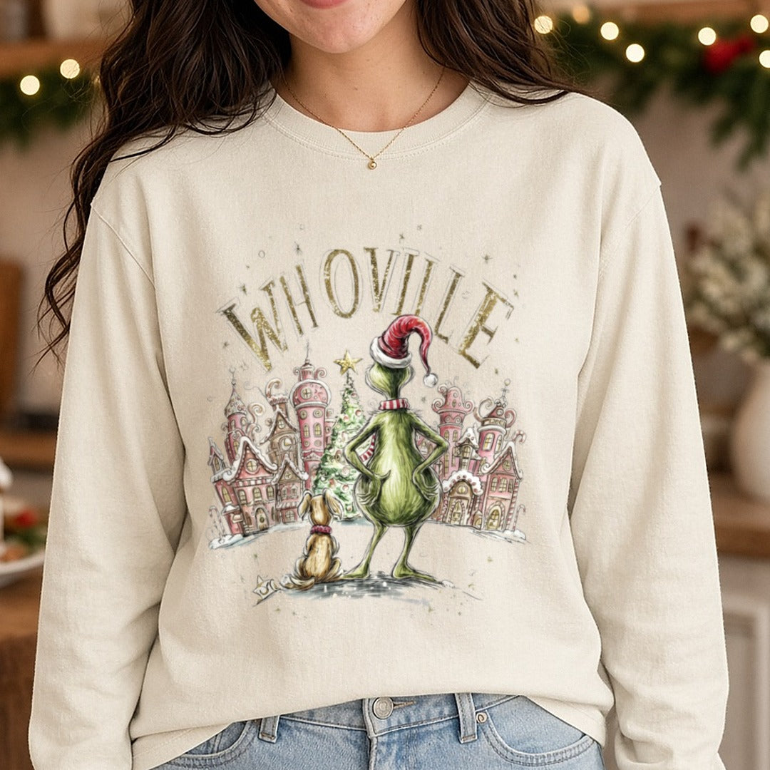 grinch whoville DTF transfer shown on a Comfort Colors long sleeve tee