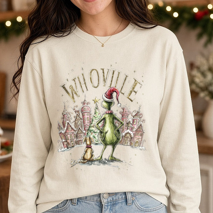 grinch whoville DTF transfer shown on a Comfort Colors long sleeve tee