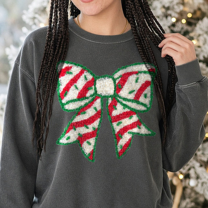 Candy cane coquette DTF transfer shown on a Comfort Colors sweatshirt