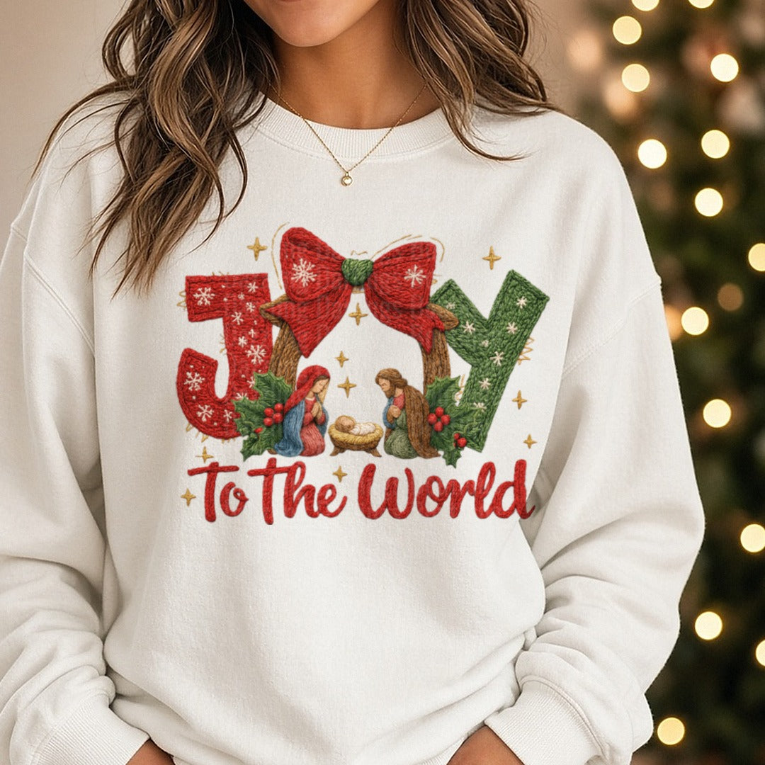Joy to the world coquette DTF transfer shown on a Comfort Colors sweatshirt