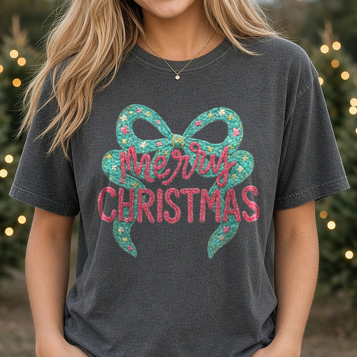crochet merry christmas DTF transfer shown on a Comfort Colors tee