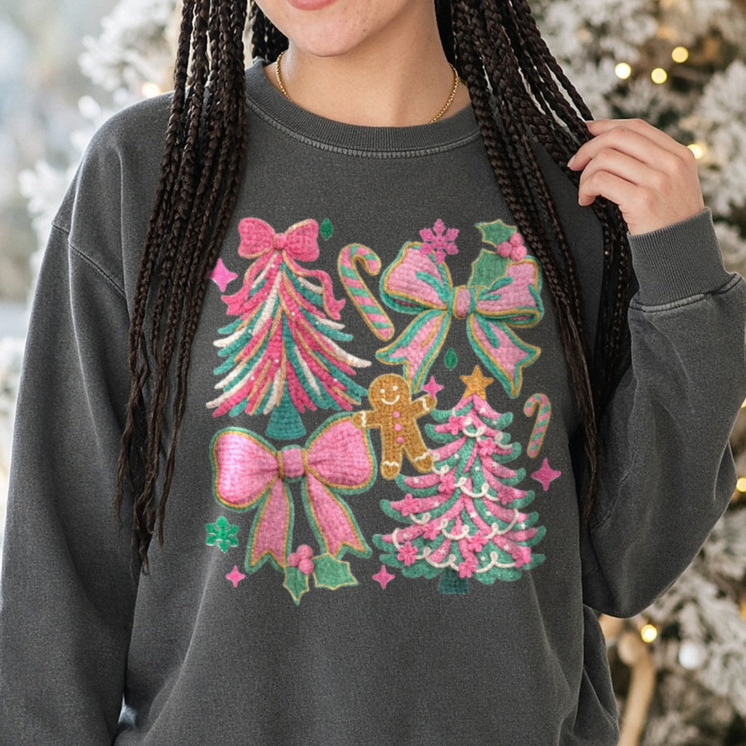 Christmas Coquette Pink DTF transfer shown on a Comfort Colors sweatshirt