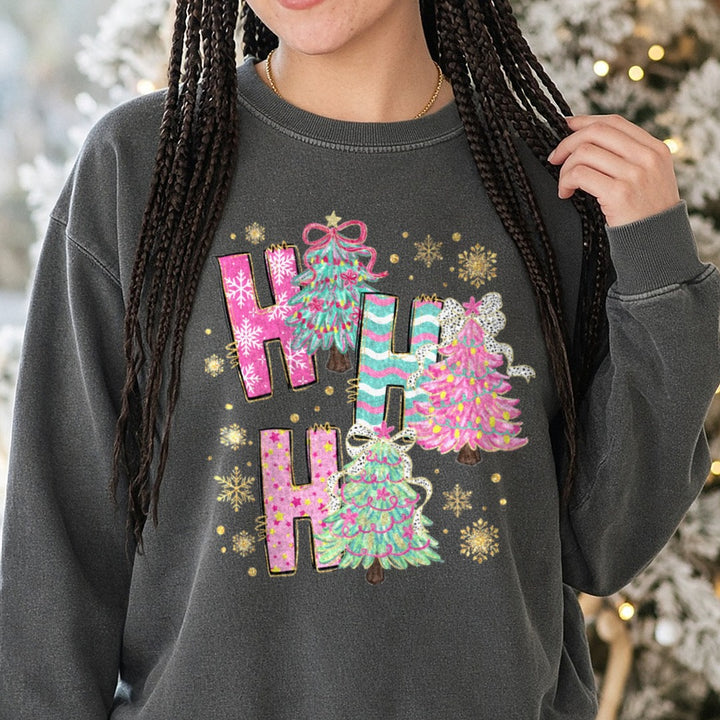 Ho Ho Ho Tree DTF transfer shown on a Comfort Colors sweatshirt