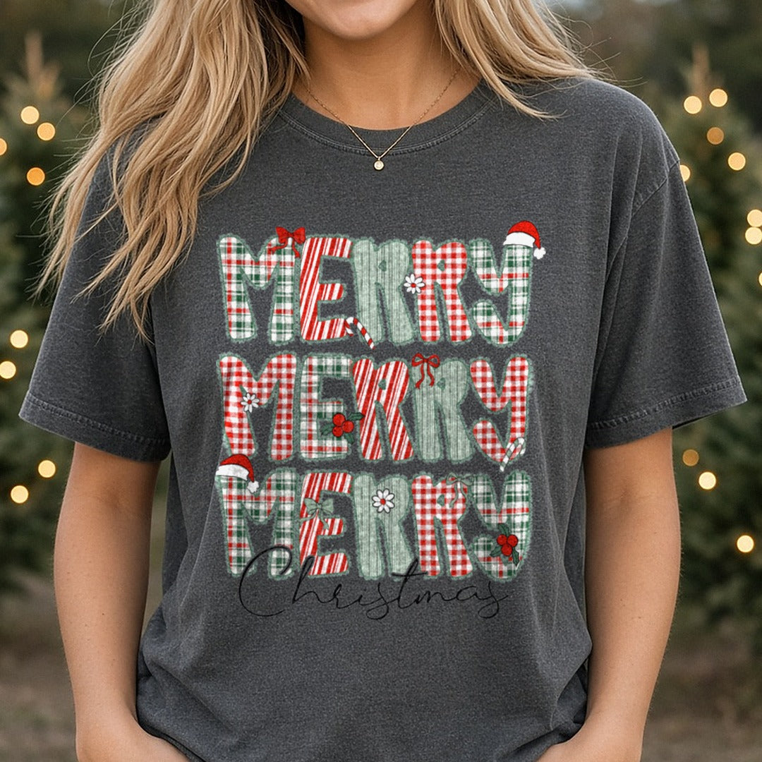 Merry Merry Christmas Lace DTF transfer shown on a Comfort Colors tee