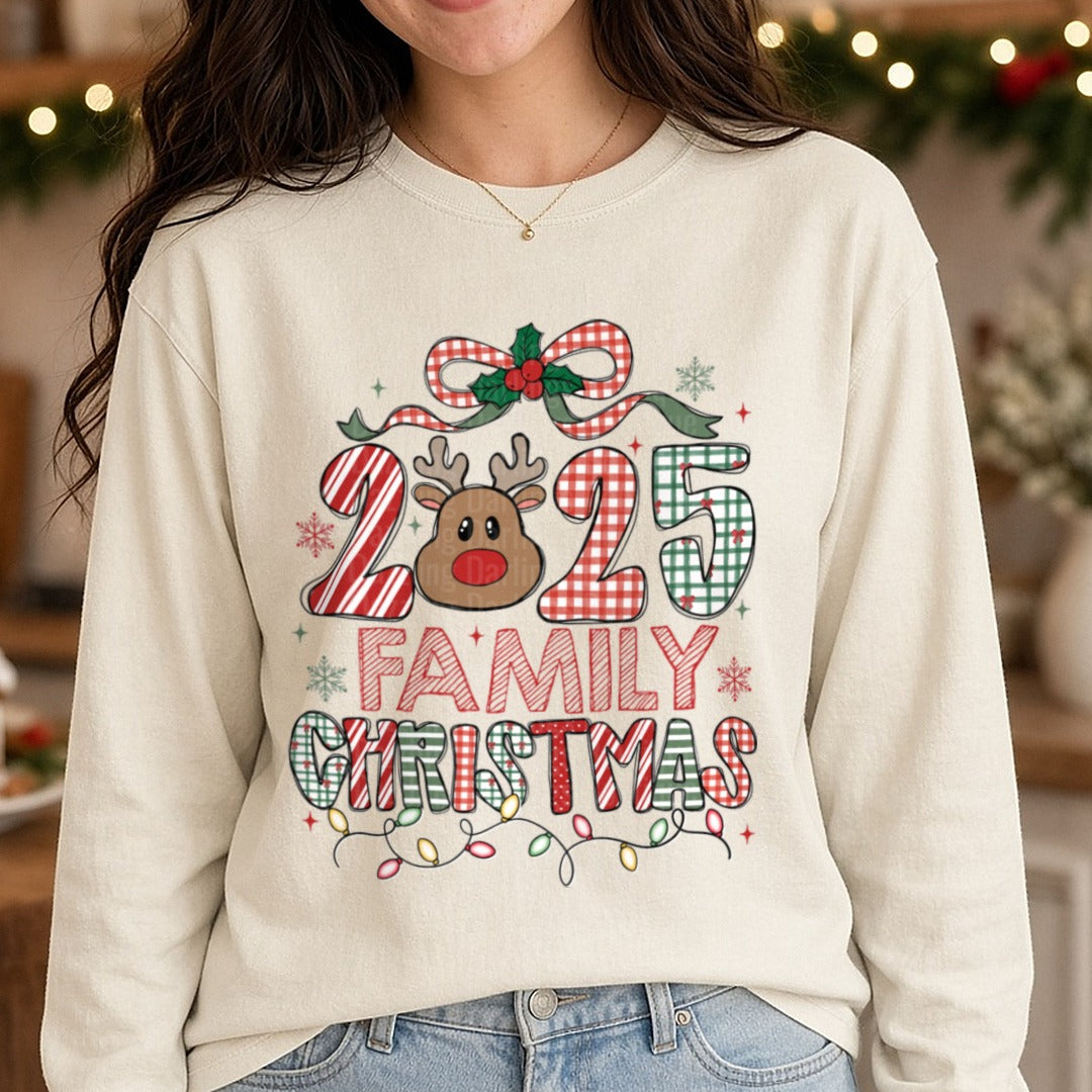 2025 Reindeer Family Christmas DTF transfer shown on a Comfort Colors long sleeve tee
