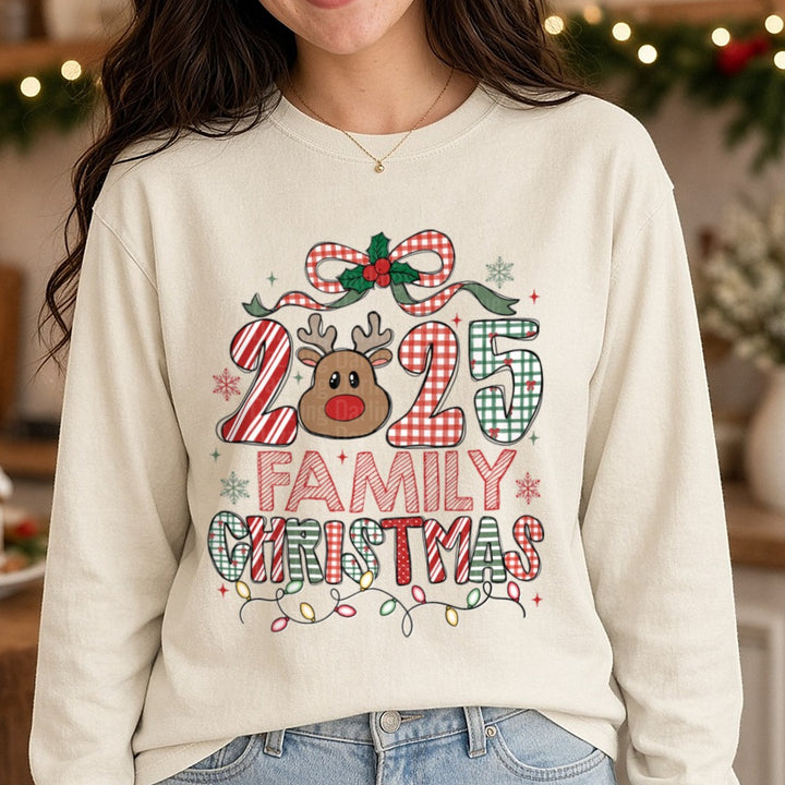 2025 Reindeer Family Christmas DTF transfer shown on a Comfort Colors long sleeve tee