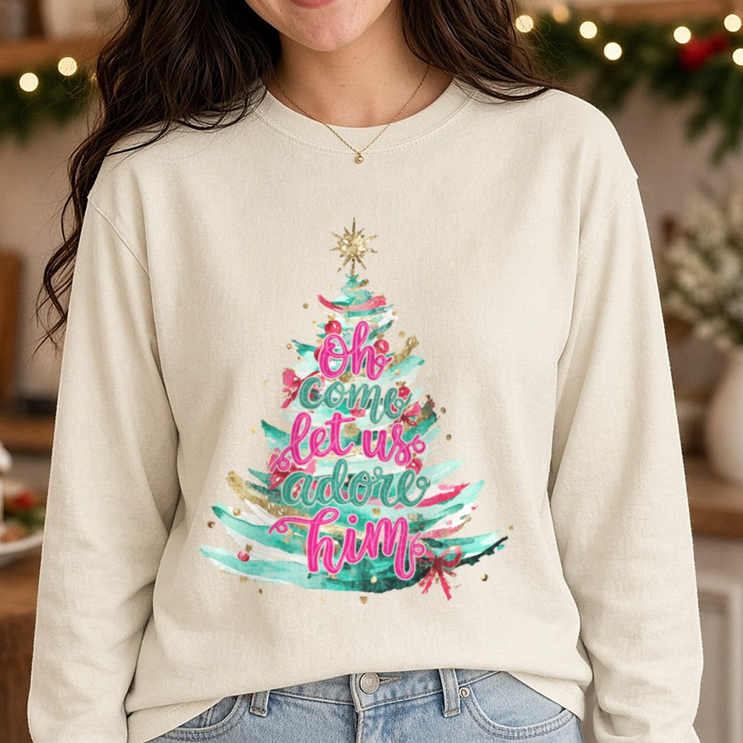 Christmas Tree DTF transfer shown on a Comfort Colors long sleeve tee