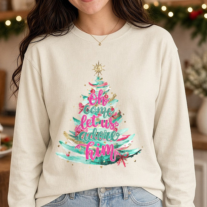 Christmas Tree DTF transfer shown on a Comfort Colors long sleeve tee