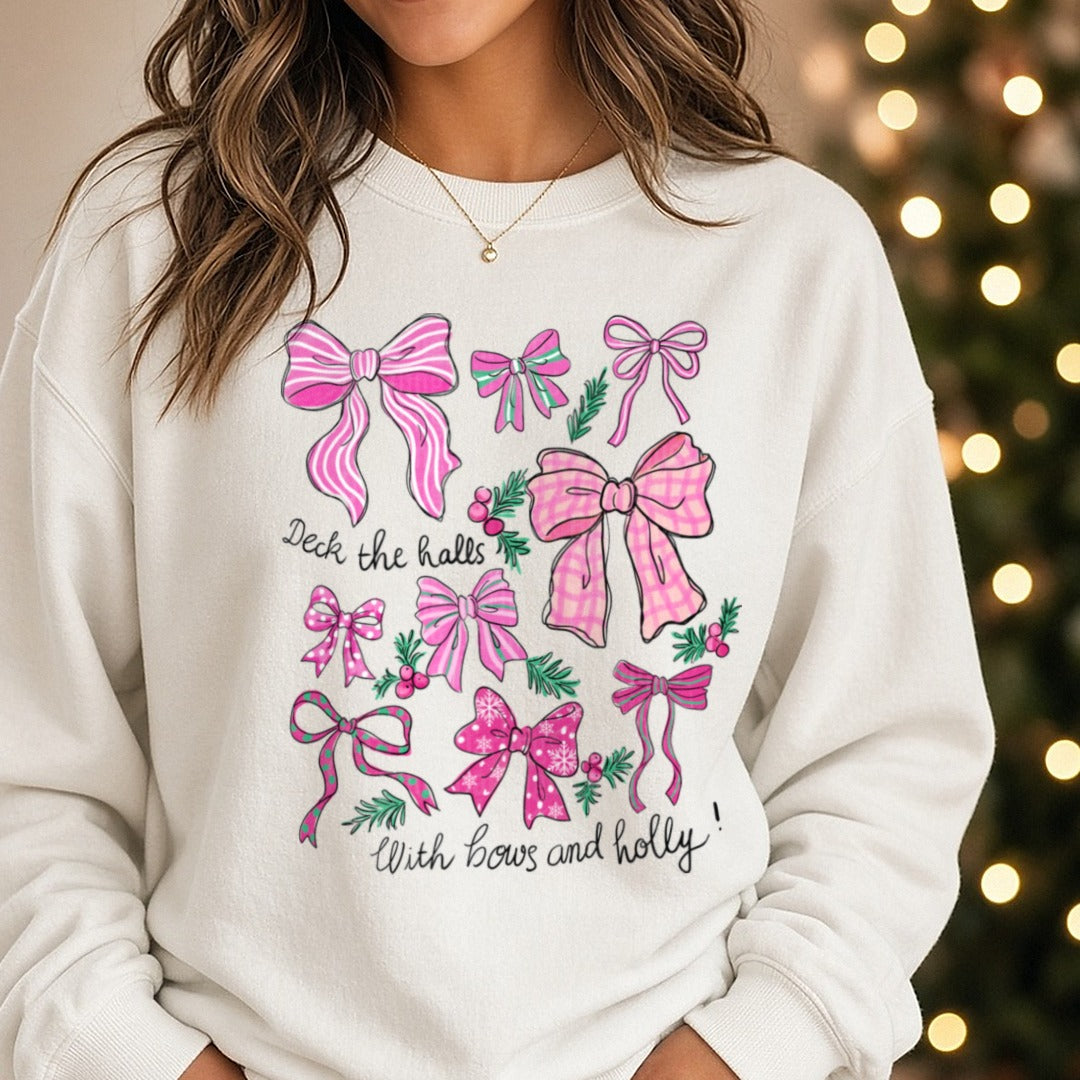 Deck the Halls Coquette Bow Collage DTF transfer shown on a Comfort Colors sweatshirt