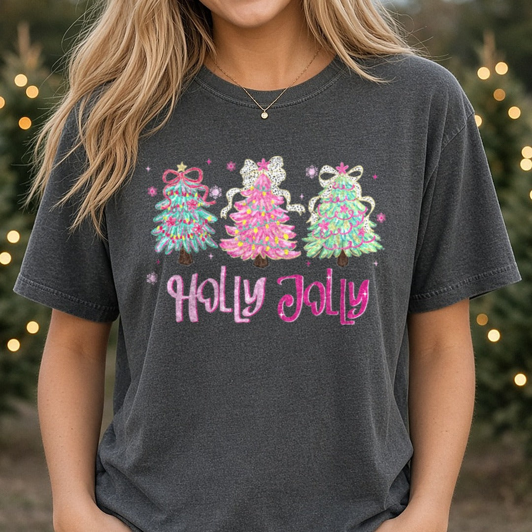 Holly Jolly Tree Brush Stroke DTF transfer shown on a Comfort Colors tee