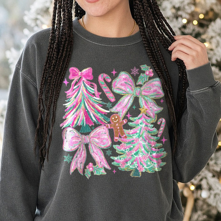 Christmas Tree Coquette Bow Brush Stroke DTF transfer shown on a Comfort Colors sweatshirt