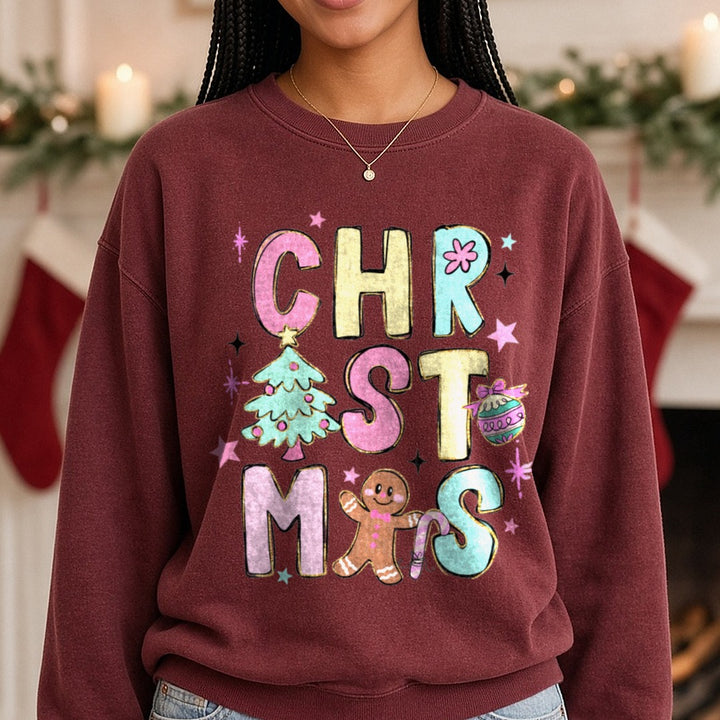 Christmas Doodles DTF transfer shown on a Comfort Colors sweatshirt