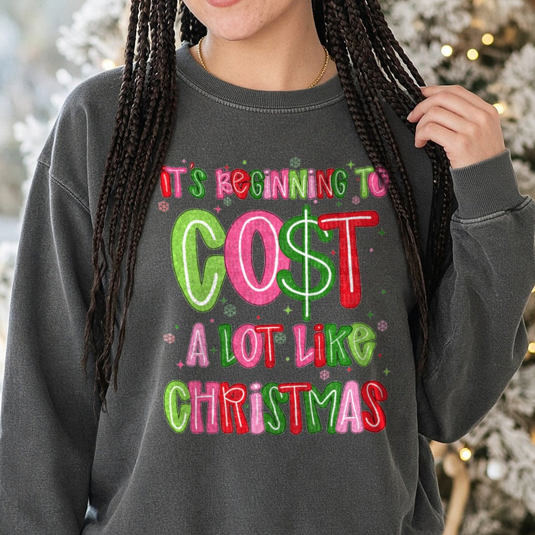 Cost a Lot Like Christmas DTF transfer shown on a Comfort Colors sweatshirt