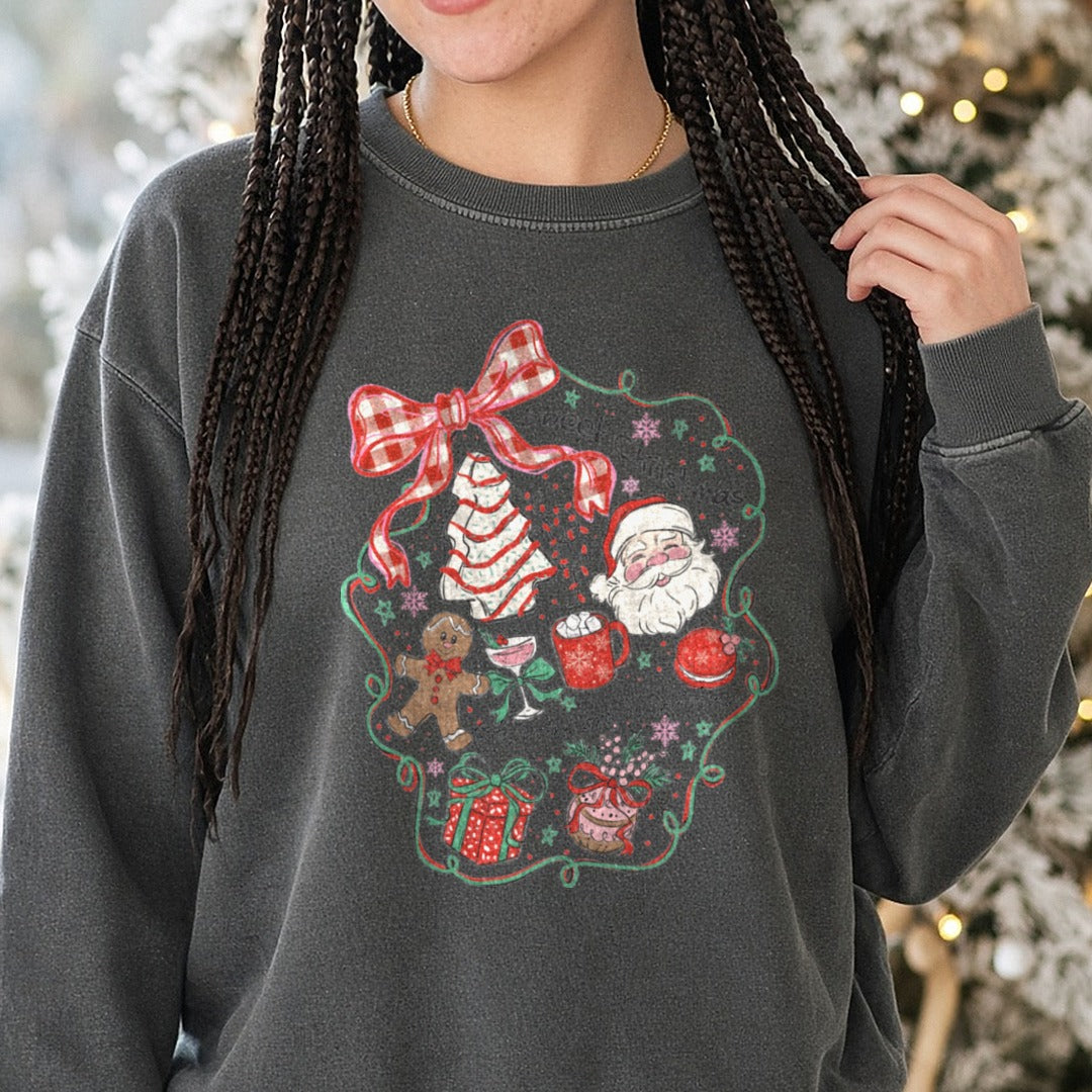 Christmas Preppy Collage DTF transfer shown on a Comfort Colors sweatshirt