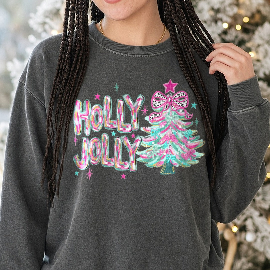 Holly Jolly Christmas Tree DTF transfer shown on a Comfort Colors sweatshirt