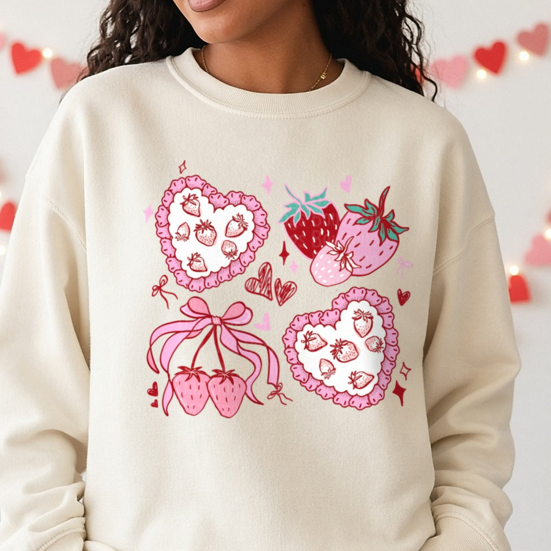 Pink Strawberry Valentine DTF transfer shown on a Comfort Colors sweatshirt